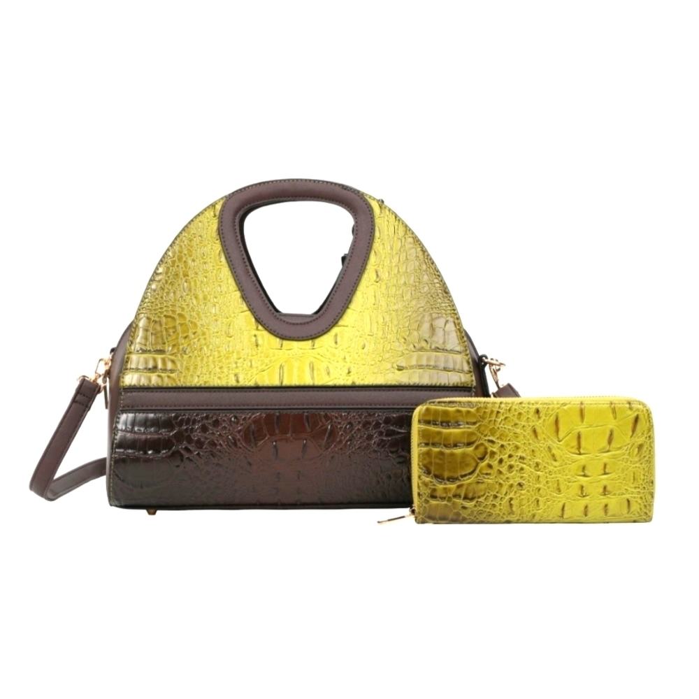 American Bee Women's Crocodile Embossed Olive Leather Handbag with Wallet